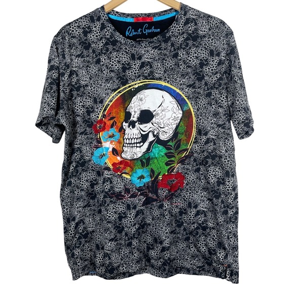 Robert Graham Other - Robert Graham Mens Floral Sinful Skull  T-Shirt Black Size L Short Sleeve Cotton